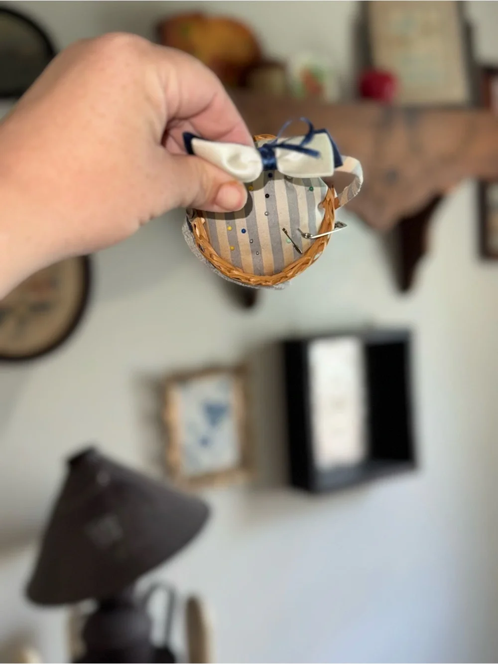 Handcrafted Cream and Blue Lace Trim Sewing Basket Pincushion